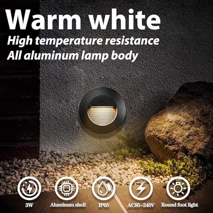 6Pcs 3W LED Recessed Wall Light, Step Light Warm White 3000K, Stair Light Staircase Light Lighting lamp, Inside Outside Garden Balcony Corridor, Aluminum, 120V Black
