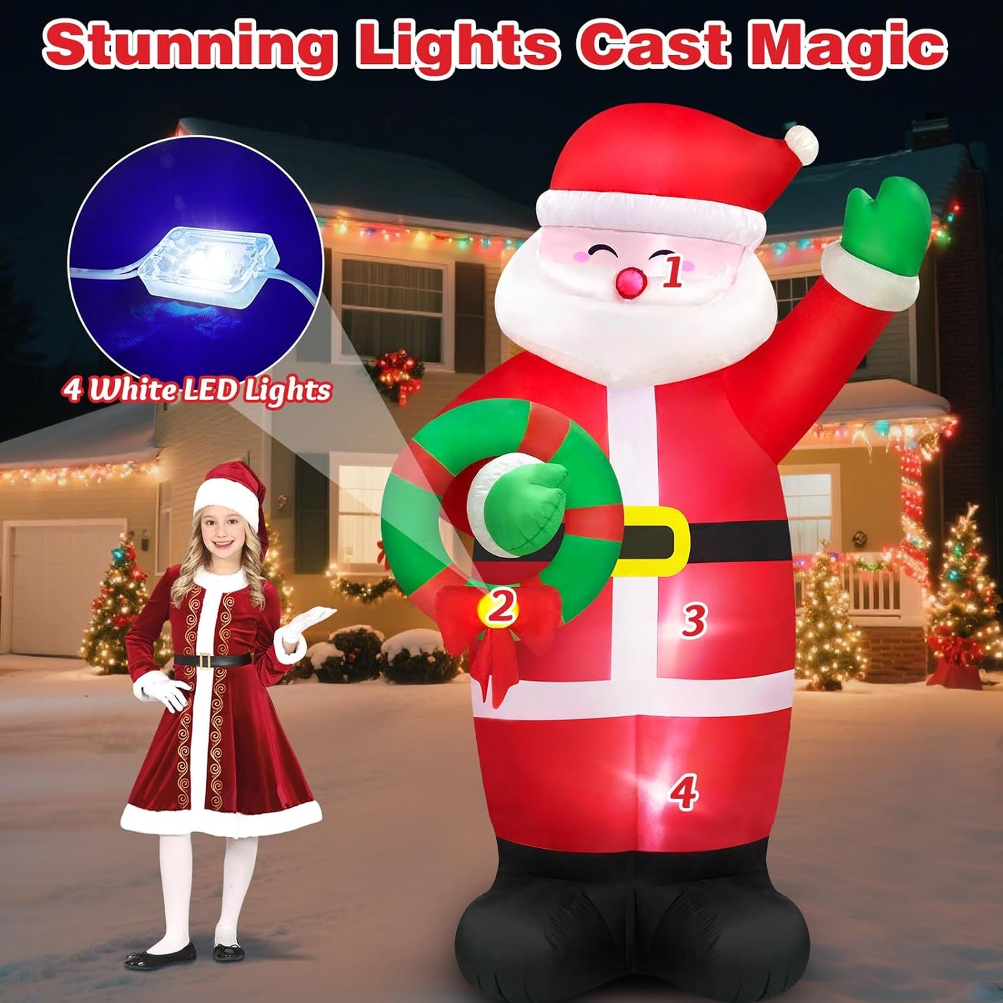 MICOCAH 8 FT Huge Christmas Inflatables Santa Claus Holding Garland Outdoor Decorations, Build in LEDs & Tethers Stakes Giant Inflatable Santa Blow Up Yard Décor for Holiday Xmas Indoor Patio Lawn