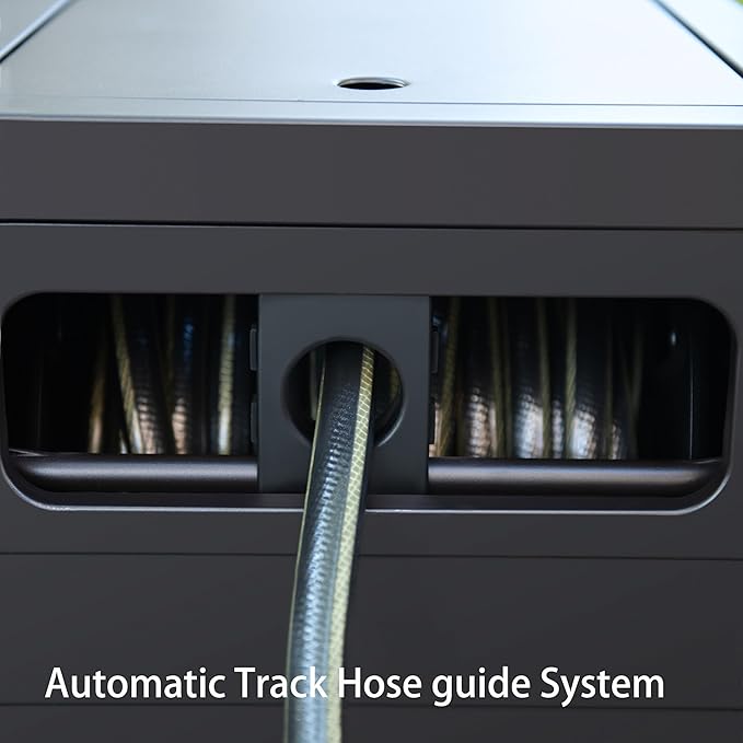 Metal Garden Hose Reel Deck box, Durable Steel Garden Hose Storage Box Cabinet, 150ft 5/8" Garden Hose Capacity. - Hose guide Manual Rewind, No-leak aluminum water connections