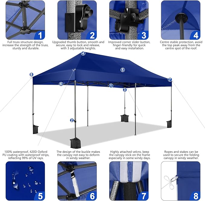 COBIZI 10x20 Pop up Canopy Heavy Duty Without Sidewalls, Easy Set-up Commercial Outdoor Party, 100% Waterproof Wedding Canopy Gazebo, 3 Height Adjustable with Wheeled Bag, Dark Blue