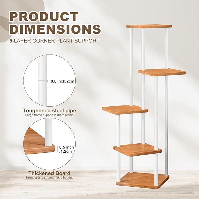 5 Tier Wood Tall Plant Stand Metal Rack Indoor, Multiple Flower Pot Holder Shelves Corner Rack, Planter Shelf Display Rack Storage Organizer for Patio Living Room Balcony Garden(White)