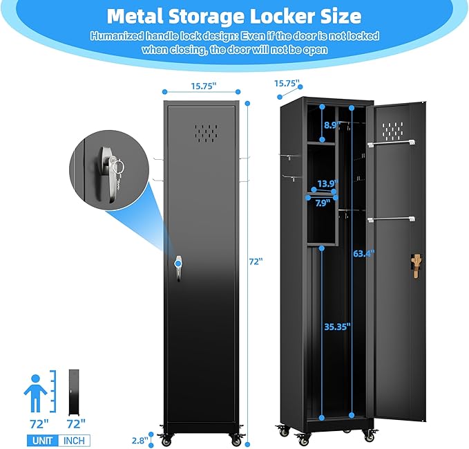 72''H Metal Broom Closet Storage Cabinet with Wheels & Pegboards, Mops Broom Closet Organizer with Locking Door & Hanging Rod,Cleaning Tool Garage Storage Cabinet,Assembly Required,Black