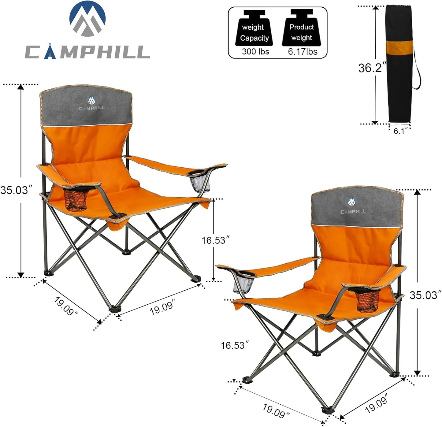 CAMPHILL Camping Chair Set of 3, Outdoor Folding Camping Chairs for Heavy People with Cup Holder & Carry Bag,Collapsible Chair Include One Sofa Chair and Two Single Chair,Support up to 500lbs