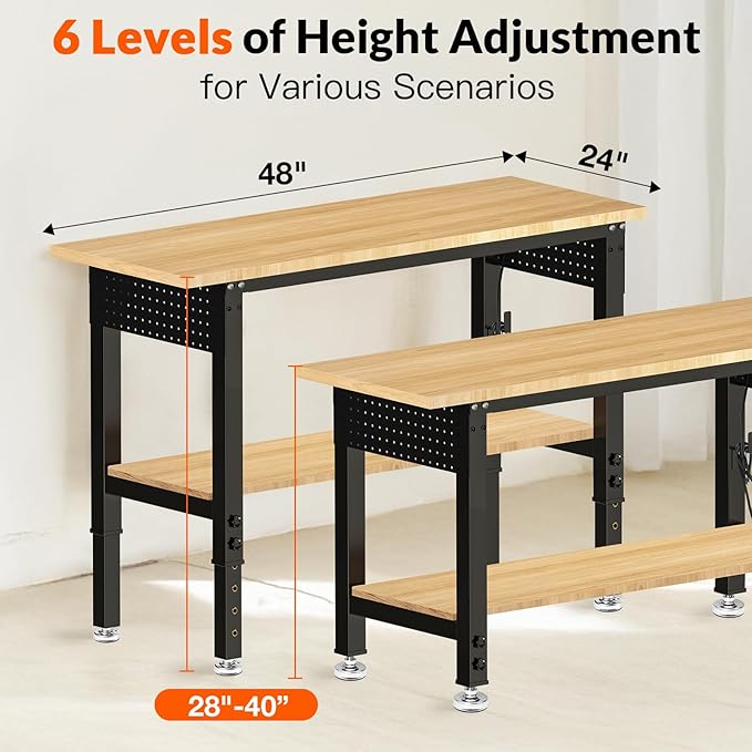 48“ Adjustable Height Workbench Work Bench for Garage Work Table with Under Table Shelf Heavy Duty Rubber Wood Top for Shop Woodworking, Office, Home, Commercial
