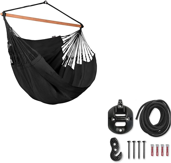LA SIESTA® - XL King Habana Cotton Hammock Chair & CasaMount - Hanging Chair w/Suspension Kit for Walls Ceilings & Square Beams - Indoor Outdoor Swing Hanging Chair Bedroom Patio Balcony - Onyx