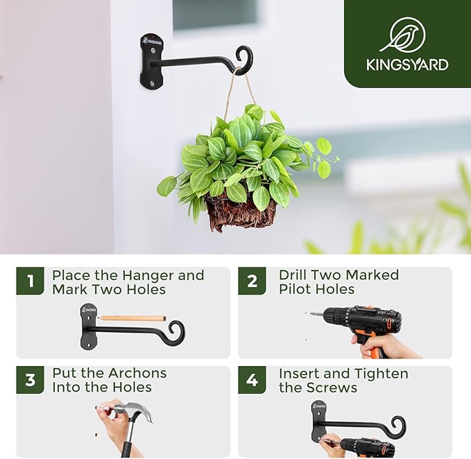 Kingsyard 4 Pack Wall Plant Hanger - Heavy Duty Metal Hanging Bracket Hooks for Hanging Plant Bird Feeders Lanterns Wind Chimes Indoor/Outdoor. Black