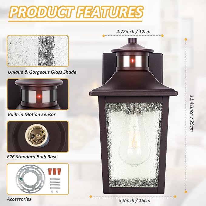 Oil Rubbed Bronze Motion Sensor Outdoor Lights 2 Packs - Waterproof Dusk to Dawn Outdoor Lighting, Brown Exterior Garage Light Fixture, Porch Light Outside Wall Mount for House, Front Door, Anti-Rust