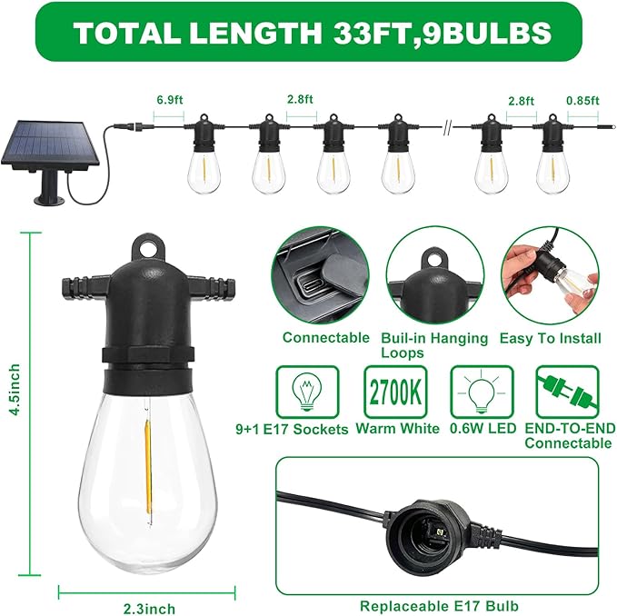 33(27+6) ft Solar String Lights Outdoor, Waterproof with USB Port Remote Control Solar Patio Lights,9 Shatterproof S14 Bulbs,1W Soft White