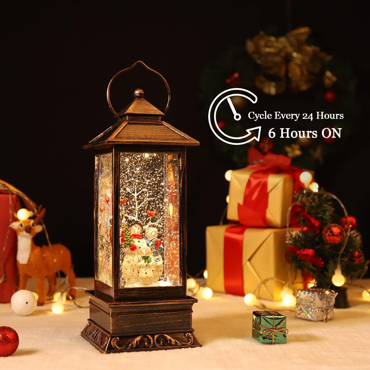 Christmas Snow Globes Lantern, Christmas Decoration Indoor, Battery Powered or USB Powered, Water Globe Lantern with Music and Timer, for Family Kids, Holiday Decorations