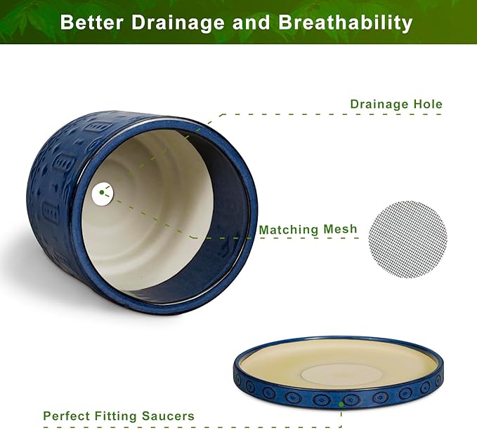 6 Inch Plant Pot - Ceramic Planter for Outdoor Plants Indoor Plant Pot with Drainage Holes and Saucer Succulent Pot Modern Round Flower Pot for House Room Decor Blue