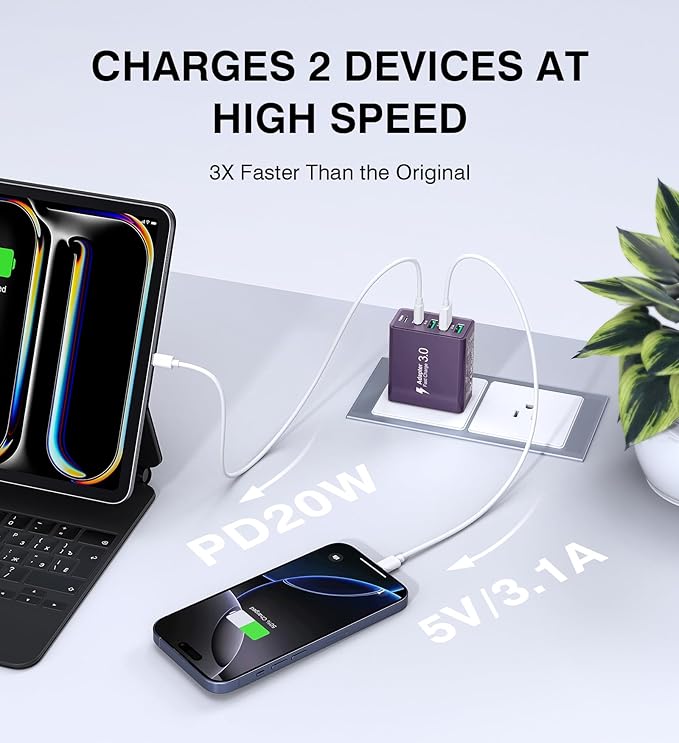 [2-Pack] USB C Wall Charger, 50W Charger Block 5-Port PD Fast Charging Blocks,Multiport 2USB C+3USB A Plug,Type C Power Adapter Brick Cube for iPhone 16/15/14/13/Pro,Samsung,for Switch（Purple）