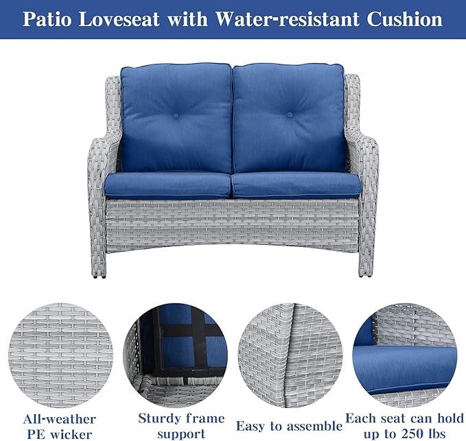5 Piece Outdoor Patio Furniture Set - Patio Wicker Furniture Conversation Set, Outdoor Swivel Rocker Chairs with Loveseat Sofa and 2 Ottomans for Small Space, Blue Cushion
