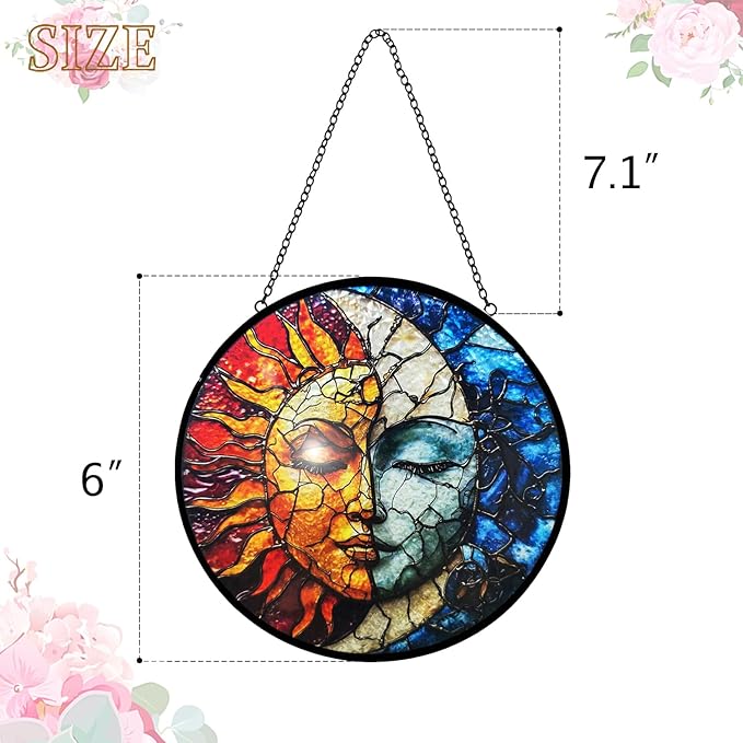 Sun and Moon Decor Suncatcher Stained Glass Window Hanging - Wall Art Stained Glass Suncatchers for Windows Hanging - Home Sun Catchers Indoor Window with Chain - Celestial Decor Gifts for Women Mom