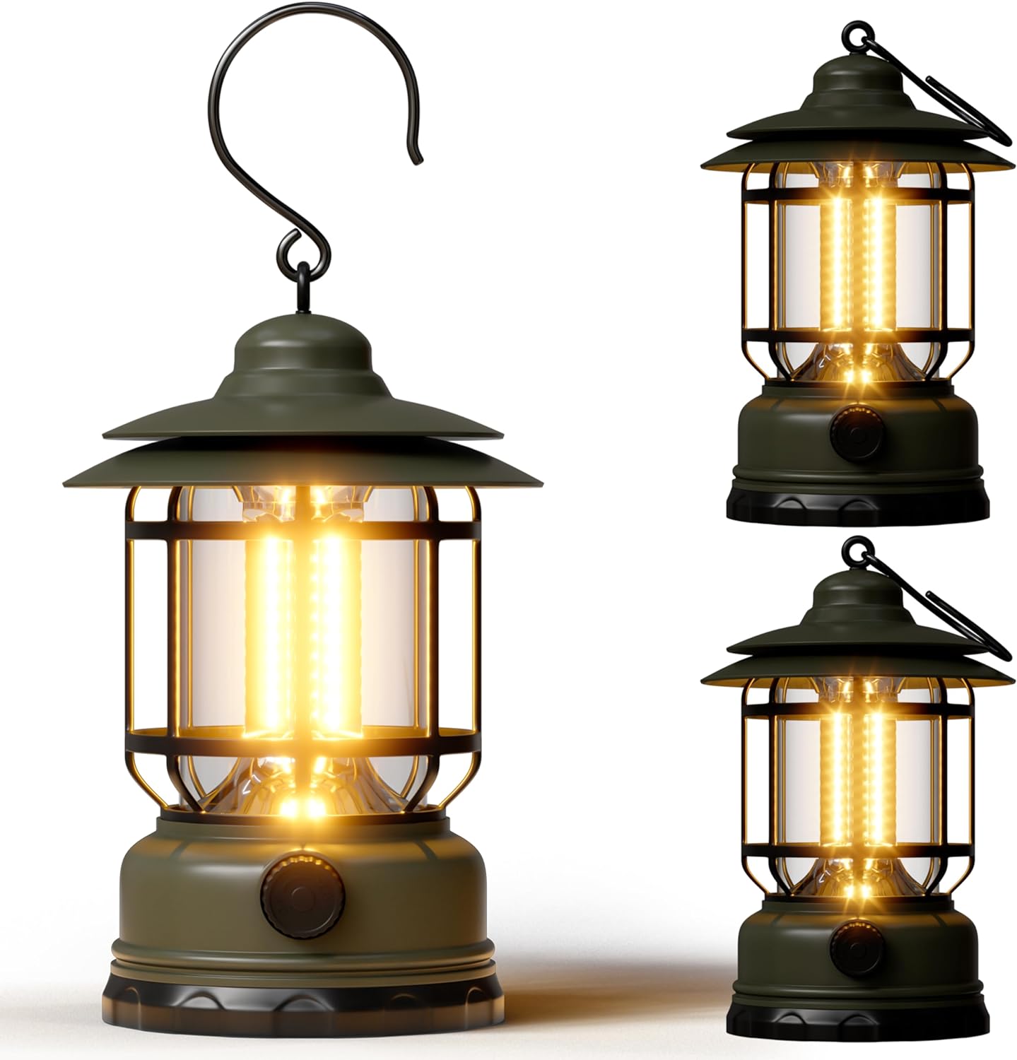 Portable LED Camping Lanterns,1500LM Step-less Dimming, Lightweight Retro Battery Powered USB Rechargeable Tent Lights,Survival Kits Flashlight for Power Outage Emergency Hiking Hurricane 3 Pack Green