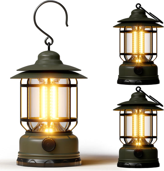 Portable LED Camping Lanterns,1500LM Step-less Dimming, Lightweight Retro Battery Powered USB Rechargeable Tent Lights,Survival Kits Flashlight for Power Outage Emergency Hiking Hurricane 3 Pack Green