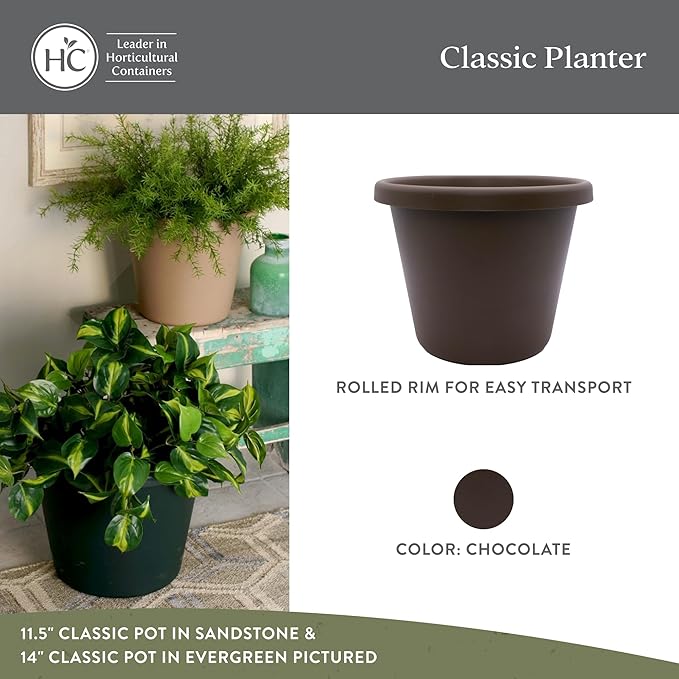 The HC Companies 14 inch Round Classic Planter - Plastic Plant Pot for Indoor Outdoor Plants Flowers Herbs, Chocolate (2 Pack)