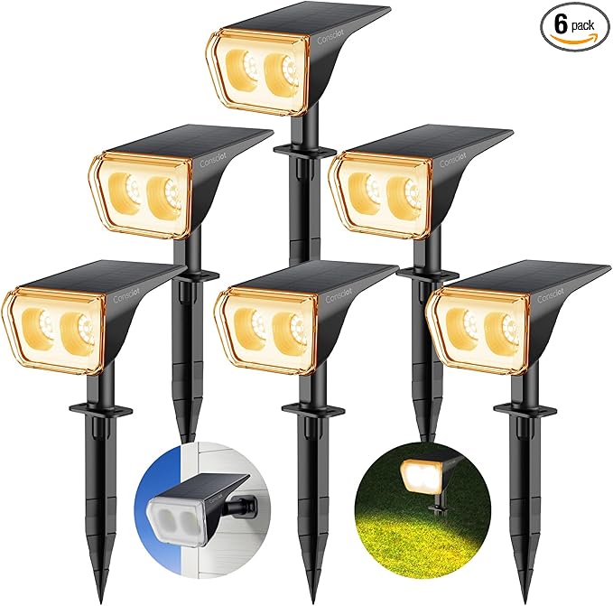 Consciot Solar Spot Lights Outdoor Waterproof, 24 LED Dusk-to-Dawn Solar Spotlight, 2 in 1 Adjustable Wall Lights, Warm White Solar Landscape Spotlights for Garden Yard Wall Walkway, 6 Pack