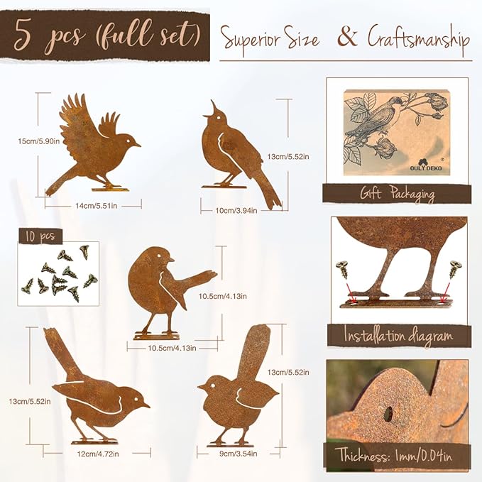 5PCS Rusty Birds Decoration, Metal Birds Yard Decor, Metal Birds Craft Statue Ornaments - Garden Sculptures and Yard Art, Fence Decorations Outdoor