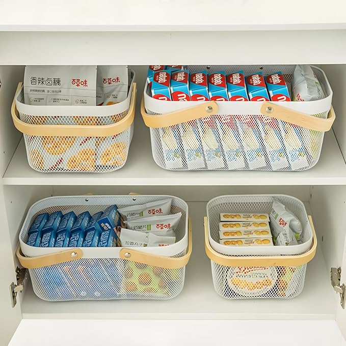 Wire Mesh Storage Organizer Basket Portable Garden Harvest Basket Fruit Basket Bin with Wood Handle Ideal for Kitchen Picnic Pantry Cabinets Storage Home Decor (Cold Gray)