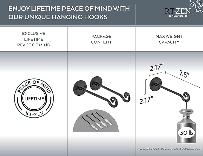 RTZEN Plant Hangers Outdoor or Indoor - Wrought Iron Metal Hanger Indoor Hook - Heavy Duty Wall Bracket Hooks for Hanging Plants Baskets Lanterns Wind Chimes - 2 Pack (Black Swirl Hooks)