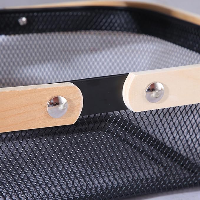 Metal Mesh Steel Basket, Storage Organizer Basket Garden Harvest Basket Multi-functional Kitchen Fruit Baskets Bin with Wooden Handle for Bathroom Picnic Shopping Decor Cabinet Home, Black