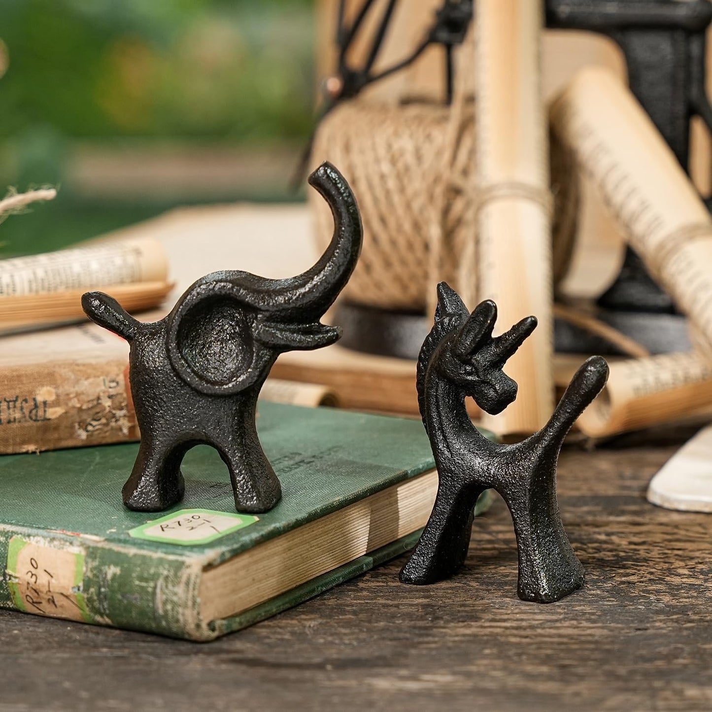 Sungmor Set of 2 Cast Iron Elephant & Unicorn Figurines - Rustic Black Animal Sculptures for Shelf, Desk, or Entryway - Heavyweight Decorative Mini Cute Statues - Whimsical Vintage Home Décor