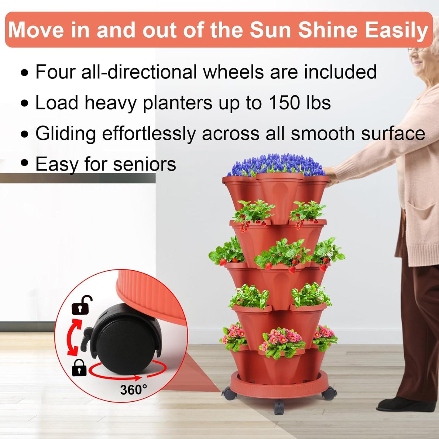 DUNCHATY Stackable Planters 5 Tier Vertical Garden Planting Tower Planters Strawberry, Herb, Flower, and Vegetable Planter Indoor Outdoor Gardening Pots with Removable Wheels and Tools