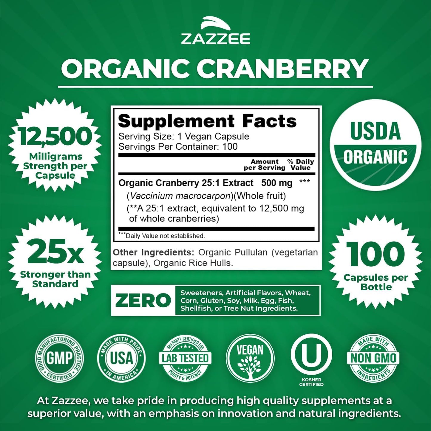Zazzee USDA Organic Cranberry 25:1 Extract, 500 mg per Capsule, 100 Vegan Capsules, Over 3 Month Supply, Standardized, Concentrated 25X Extract, 100% Vegetarian, Certified Organic, Non-GMO All-Natural