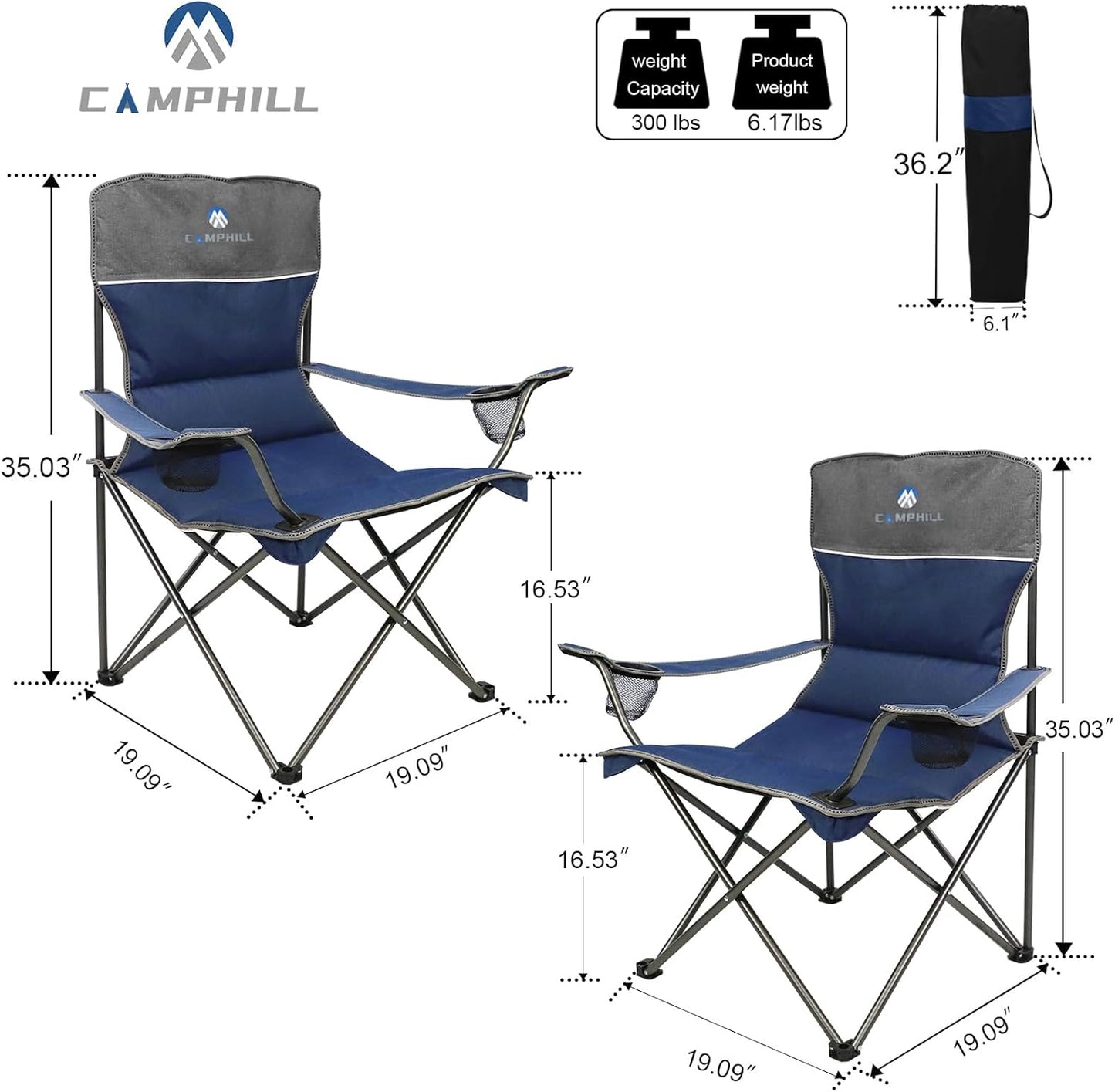 CAMPHILL Camping Chair Set of 3, Outdoor Folding Camping Chairs for Heavy People with Cup Holder & Carry Bag,Collapsible Chair Include One Sofa Chair and Two Single Chair,Support up to 500lbs