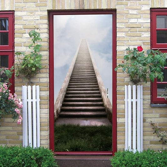 3D Door Stickers Murals - Stairs - Peel and Stick - Waterproof & Washable - Matt Finish - Modern Style - White - 31.5" x 78.7" (2 PARTS)