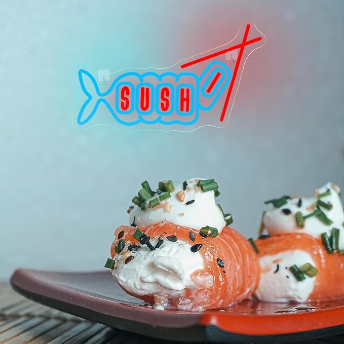 WLHOPE Sushi Fish Neon Sign Neon Signs for Wall Decor Dimmable Sushi Blue Pink Neon Lights LED Sign for Sushi Shop Restaurant Hoom Kitchen Party