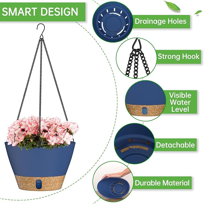 ZMTECH Hanging Planters for Indoor Plants Set of 2 Self Watering Hanging Pots Hanging Baskets Hanging Flower Pots for Outdoor Hanging Plants(10 Inch, Blue)