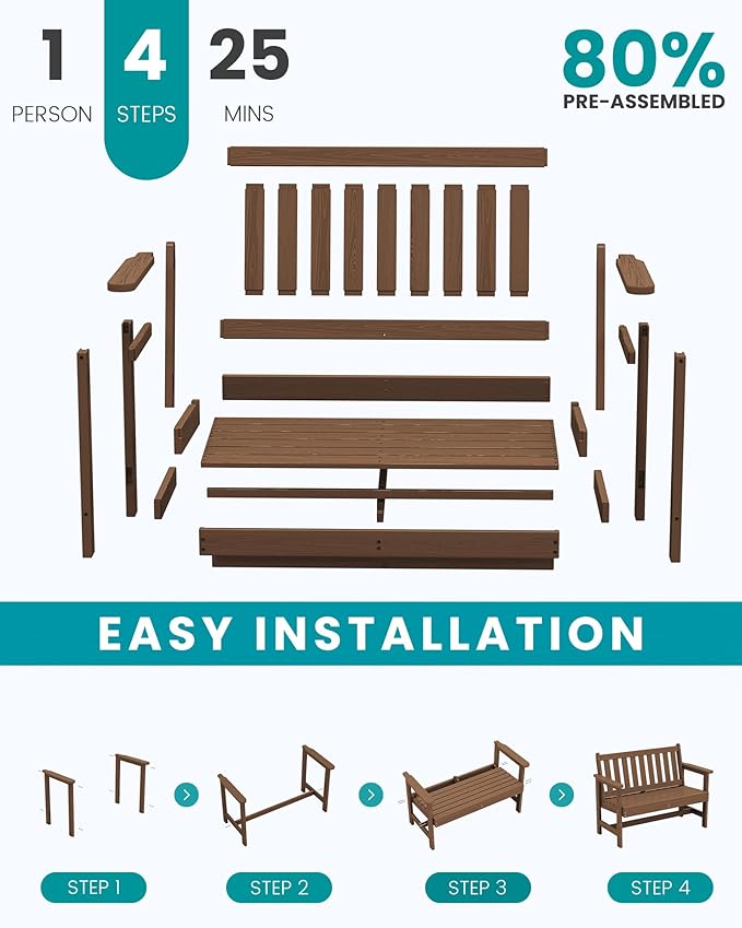 SERWALL Outdoor Bench, HDPE Outdoor Benches Weatherproof, 2-Person Garden Bench with 660 lbs Weight Capacity, Patio Benches for Outdoors, Garden, Porch, Backyard and Park, Brown, 6 Pack