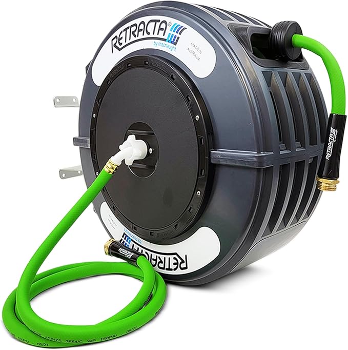 Macnaught Retractable Garden Hose Reel, 82 Ft Water Hose Reel Heavy Duty Retractable Hose with Metal 180° Swivel Rotation Bracket for Wall Mount - Gray
