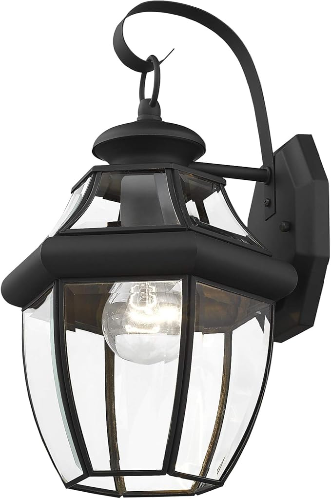 Livex Lighting 2151-04 Monterey 1 Light Outdoor Black Finish Solid Brass Wall Lantern with Clear Beveled Glass, 13" x 8.5" x 8.25"