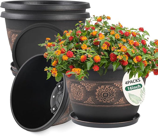 4 Pack 16 inch Plant Pots, Retro Pattern Planters with Drainage Holes and Saucer, Sturdy Plastic Garden Flower Pots for Indoor & Outdoor Plants