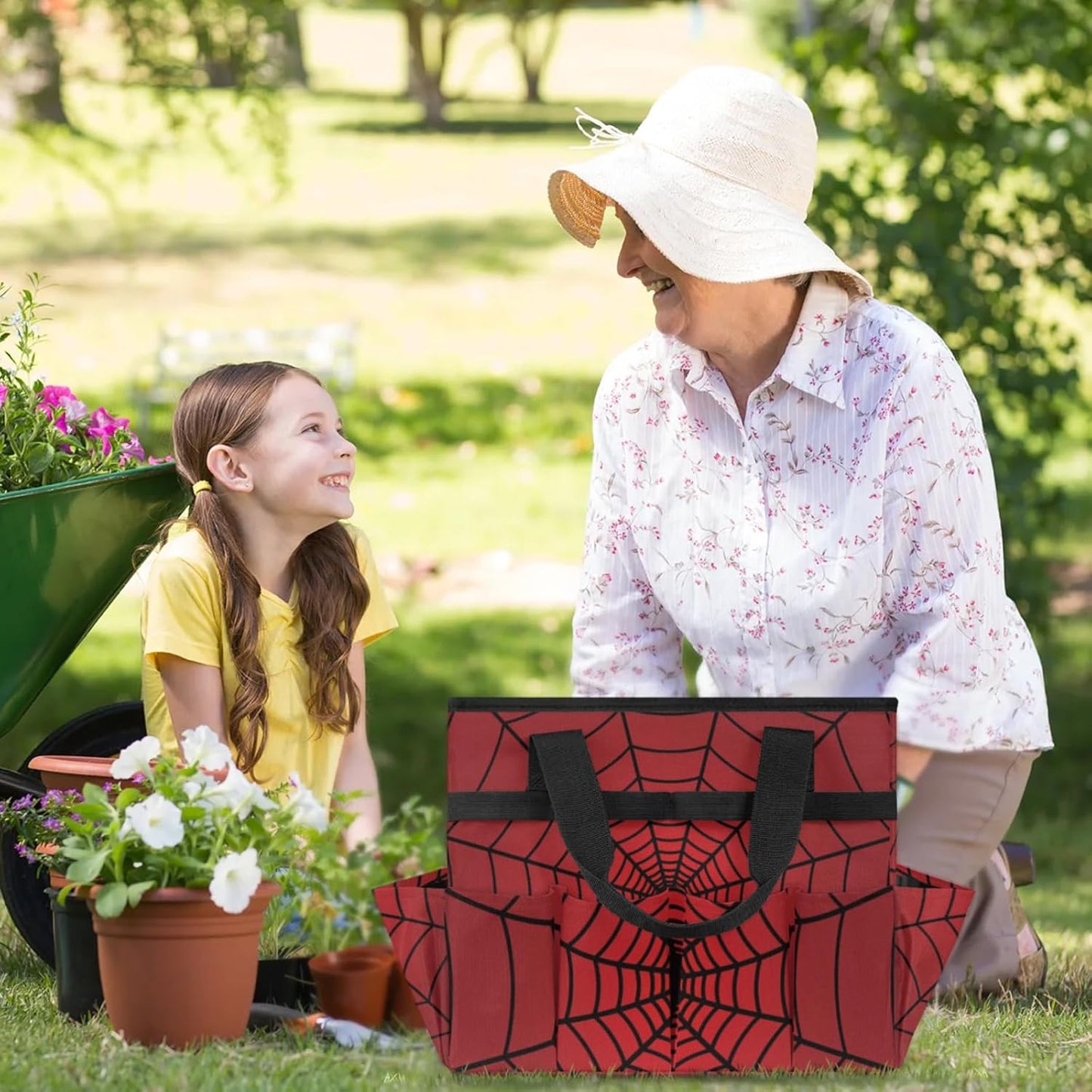Spiders Web Red Gardening Tool Bag,Heavy Duty Garden Tote Bag,Portable Oxford Gardening Storage Basket Organizer Handbag with Pockets Handle,Hand Tools Gifts for Outdoor Garden Lawn