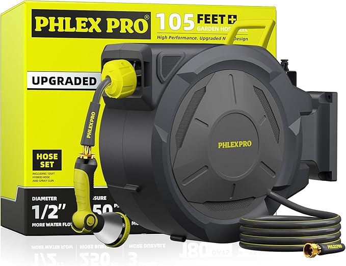 Retractable Garden Hose Reel 105FT, 1/2 inch Wall Mounted Hose Reel with Full Brass Fittings, 10 Patterns Spray Nozzle, Any Length Lock, 180° Automatic Rewind