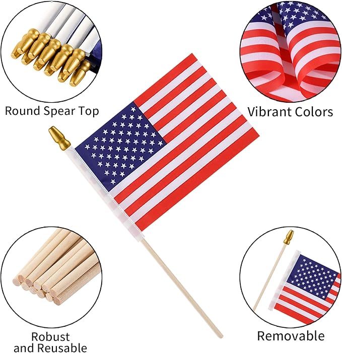 300pcs Small American Flags on Stick, Handheld 8 x 5.5 Inchs Mini American Flags with Kid-Safe Golden Spear Top, US Flags for 4th of July Decorations Outdoor, Independence Day Decorations