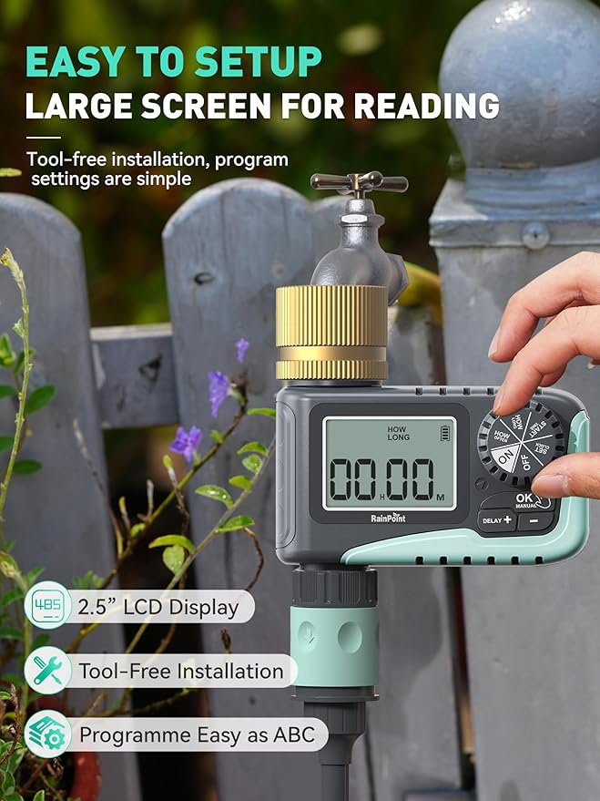 RAINPOINT Sprinkler Timer with Brass Swivel, Water Timer for Garden Hose, Programmable Hose Timer with Rain Delay/Manual Watering, Digital Irrigation Timer System for Lawns, 1 Outlet