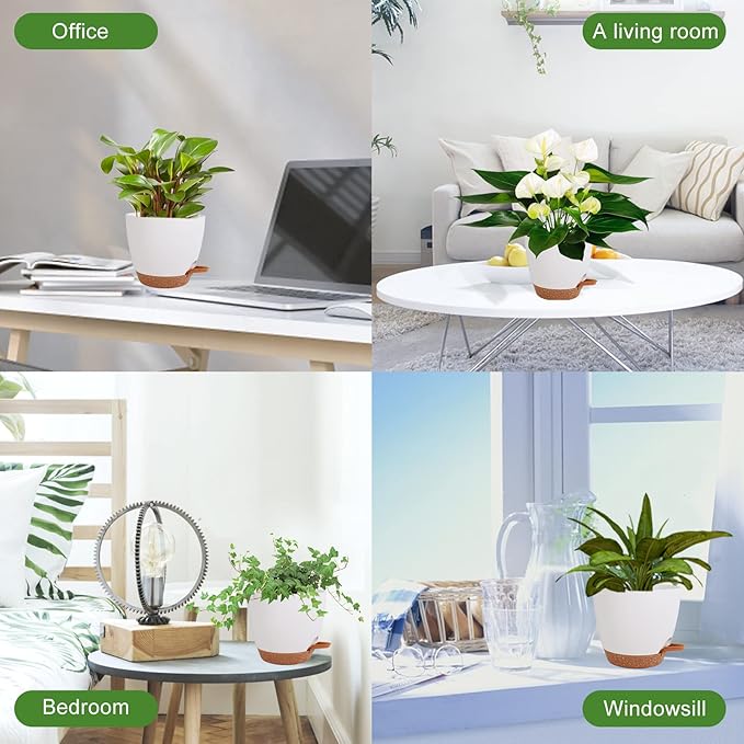Plant Pots for Indoor Plants 5 Pack Self Watering Planters, 7/6.5/6/5.5/5 Inch Self Watering Pots with Drainage Hole Plastic Flower Pot for Herbs, Succulents, African Violet (White)