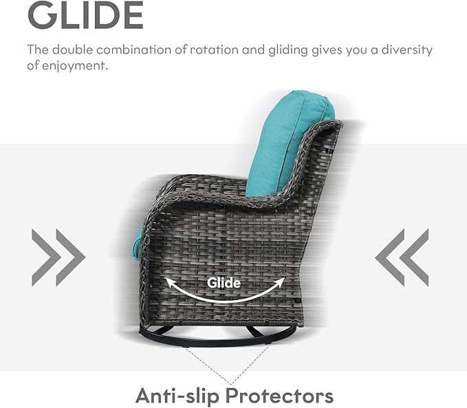 Outdoor Swivel Rcoker Wicker Chairs - Swivel Patio Chairs Set of 2 Patio Furniture Sets with Covered Cushion for Porch Deck Balcony Backyard, Turquoise Cushion