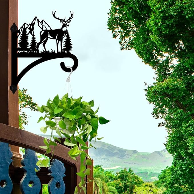 peacoblue Iron Plant Hanger Hook for Outdoor Indoor Hanging Plant Flower Fern Pots Lantern Bird Feeder,12"x15.4" Weather Resistant Metal Wall Holder for Porch Garden Farmhouse(Deer and Forest)