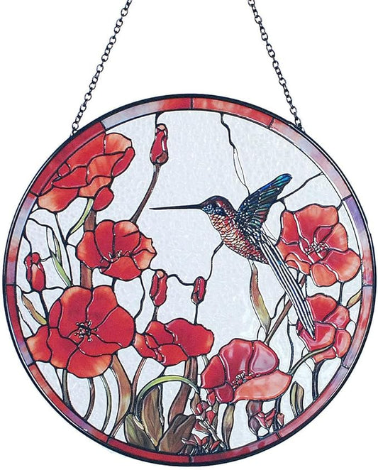 7.8'' Hummingbird Suncatcher Stained Glass Suncatchers - Originally Designed Hummingbird Red Poppies Ornament for Sun Catcher Indoor Window | Gifts for Hummingbird Lovers Painted Glass Panel Decor