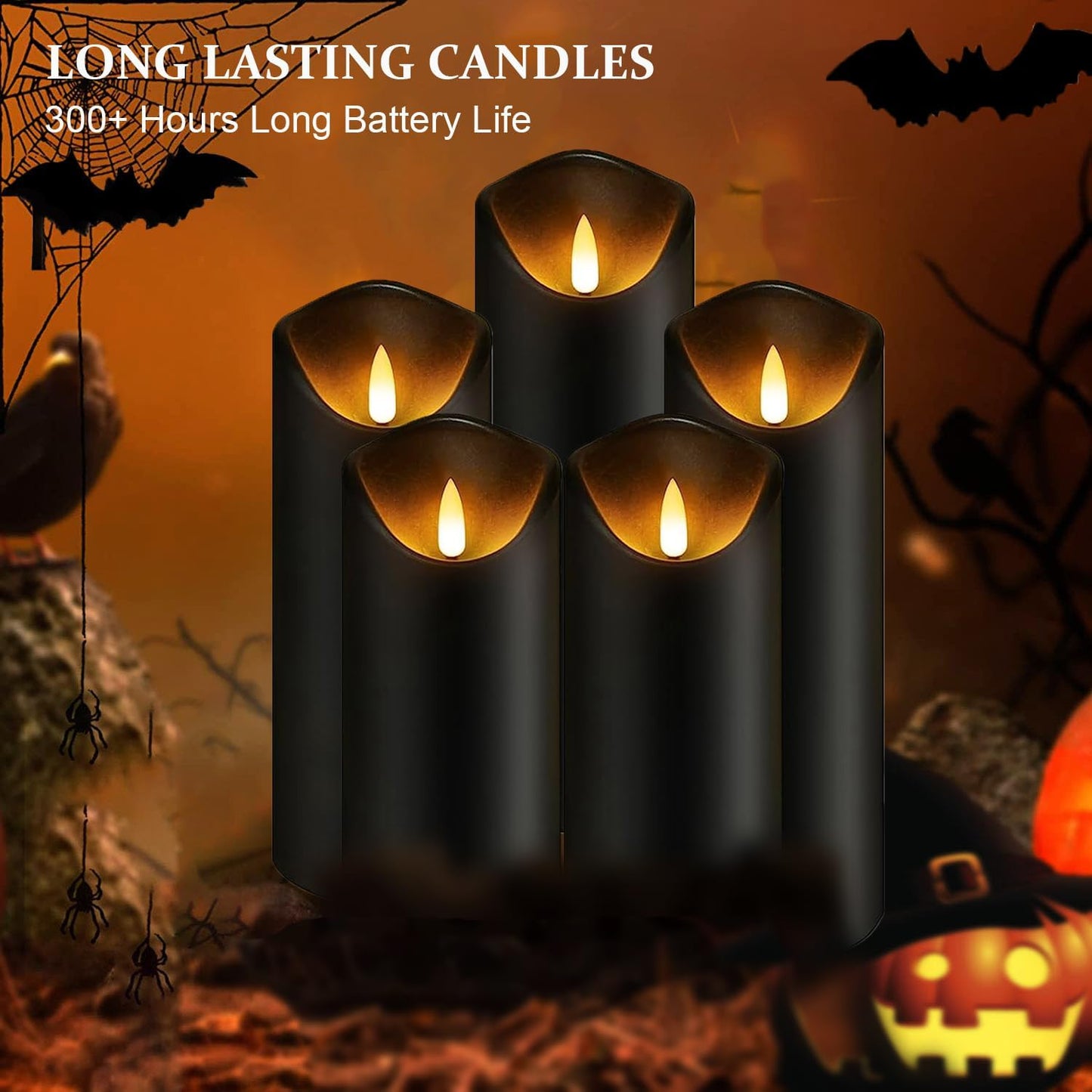 Black Pillar Flameless Candles 3D Wick with Controller,led Slim Candles Flicering Flame,Battery Operated Fake Plastic Candles for Halloween Christmas,Party Décor.(5Pack H 5" 5" 6" 6" 7" x D 2.2")