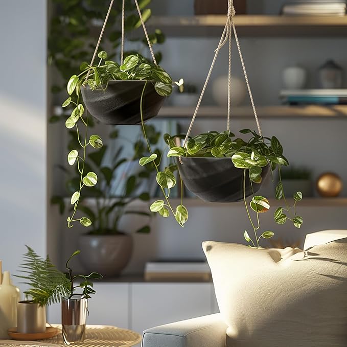 La Jolie Maison 10 Inch Hanging Planters for Indoor Plants, Outdoor Garden Planter Pots with Self-Watering Tray, Jet Black, Spiral Pattern, Set of 2