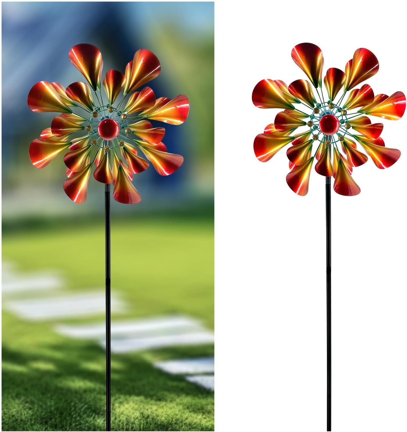 Outdoor Wind Spinner with Garden Stake 88.58" Metal Two-Way Wind Sculptures Solar Color Changing Lights Large Windmills for Garden,Patio,Yard,Lawn Decor Gifts Trumpet