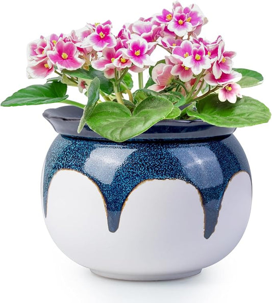 African Violet Pots,6 Inch Self Watering Pots for Indoor Plants,Easy Plant Self Watering Planter, Ceramic Plant Pot with Absorbent Inner Pot for Flowers - Gradient Blue