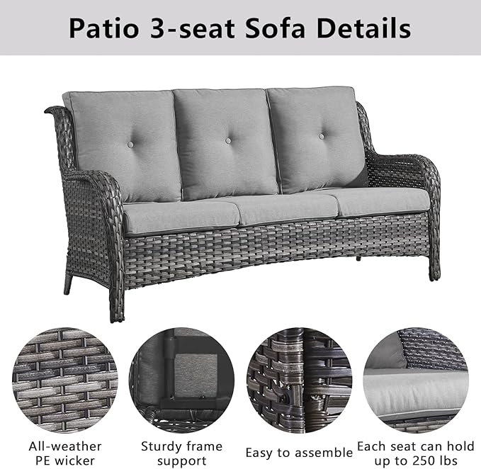 Wicker Patio Furniture Sets - 13 Piece Outdoor Rattan Furniture Conversation Sets with 4 Swivel Rocker Chairs, 2 Rattan Sofas, Wicker Ottomans and Coffee Table, Mixed Grey/Grey