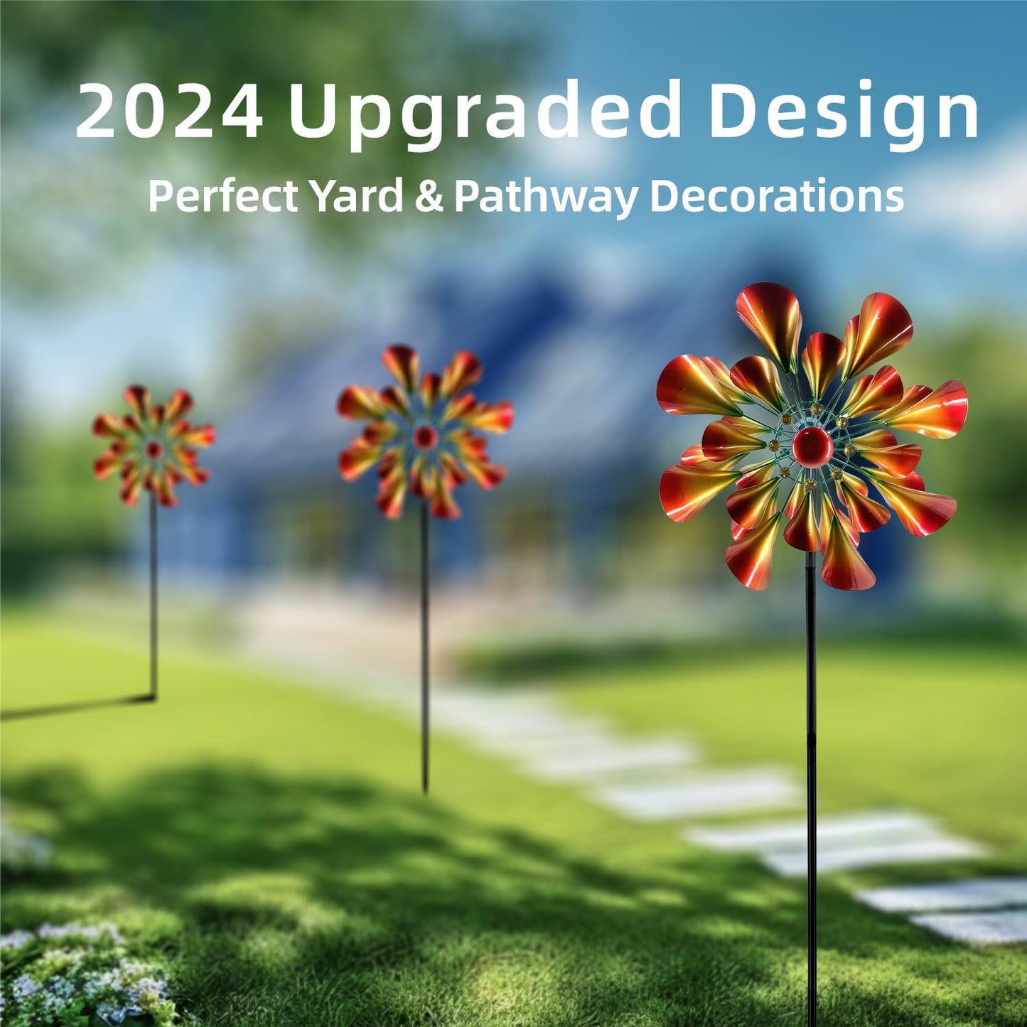 Outdoor Wind Spinner with Garden Stake 88.58" Metal Two-Way Wind Sculptures Solar Color Changing Lights Large Windmills for Garden,Patio,Yard,Lawn Decor Gifts Trumpet